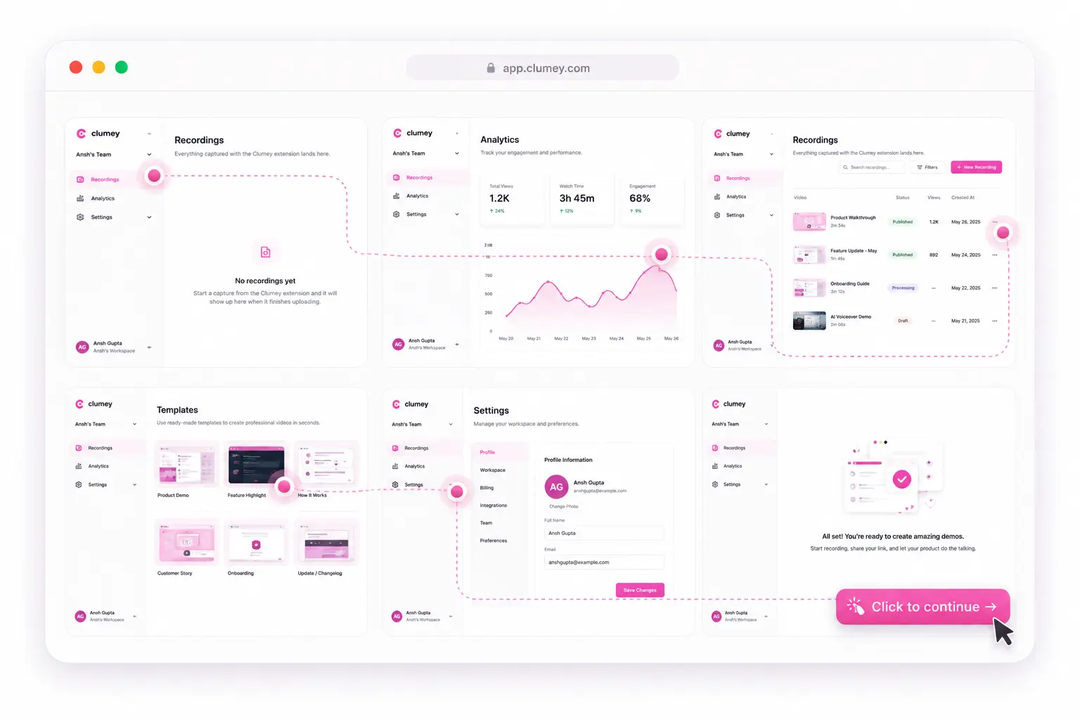 Clumey interactive demo builder with a click-to-continue guided walkthrough