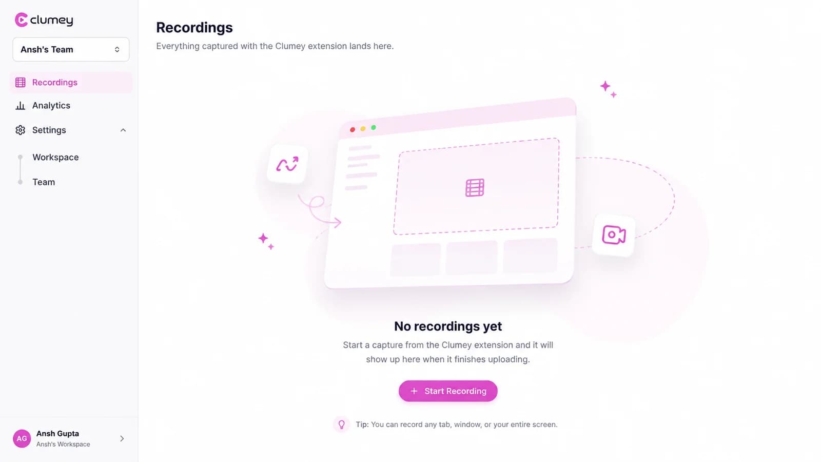 Clumey recordings workspace with published demos, views and watch-time analytics